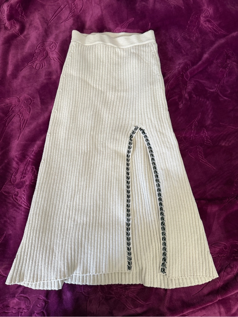 Zara Ribbed Knit Cream Midi Skirt with Contrast Trim